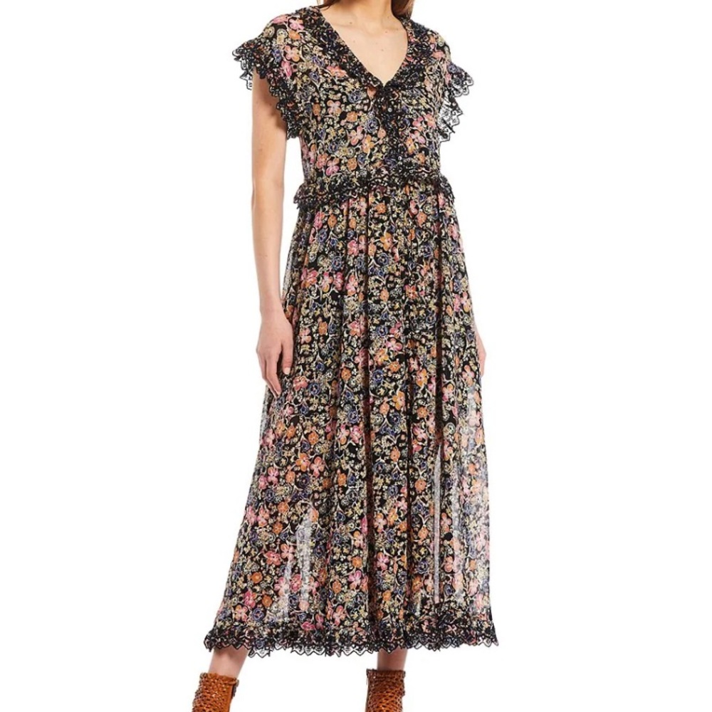 Free People Floral Lace Maxi Dress - Black and Pink